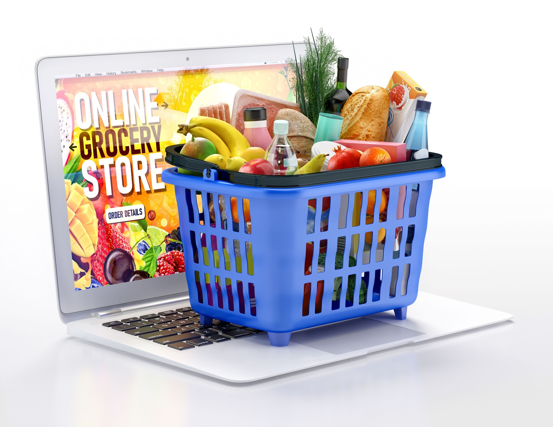Online grocery shopping concept. A blue shopping basket filled with fresh food