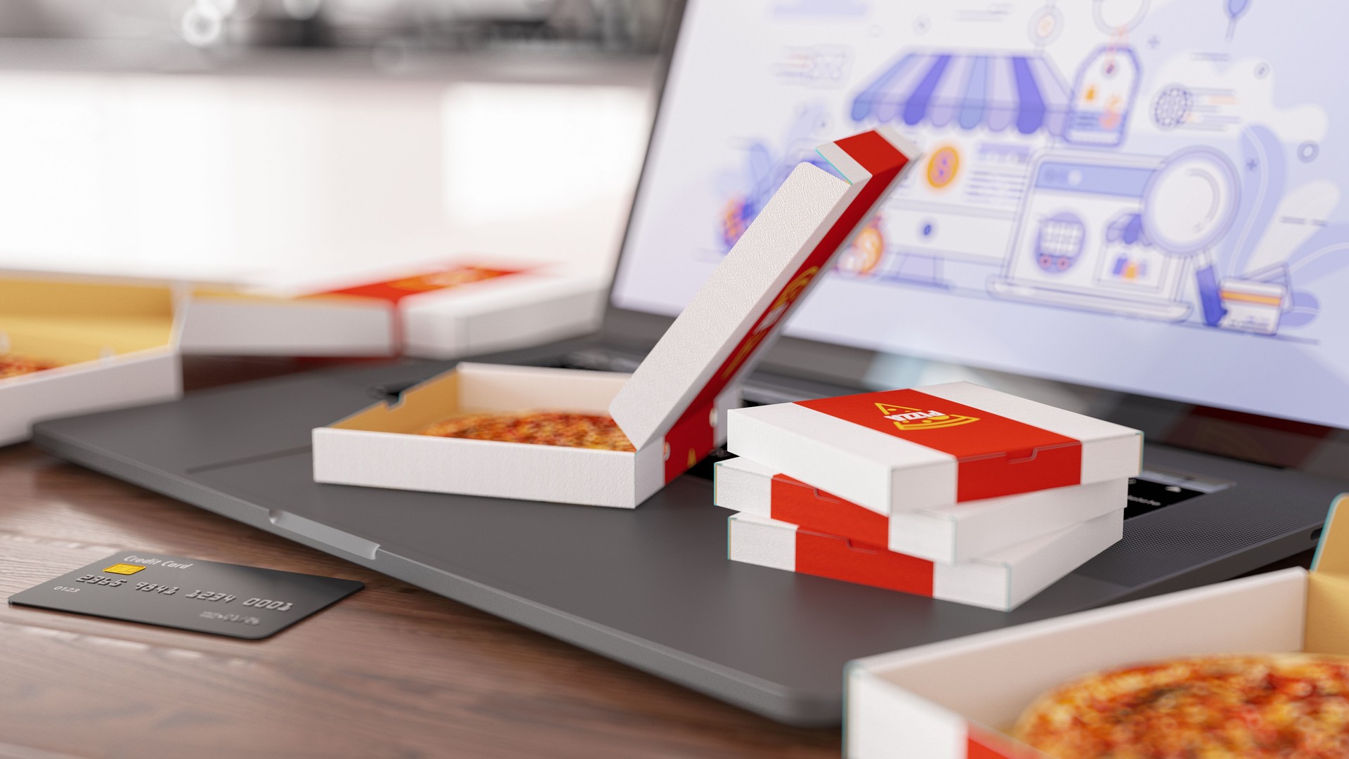 Achat en ligne Concept de commande de pizza avec des boîtes de pizza sur un ordinateur portable avec carte de crédit